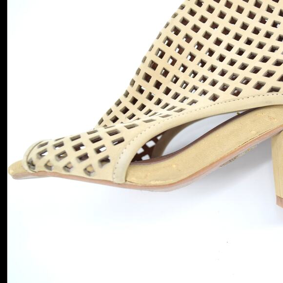 JEFFREY CAMPBELL Size 8.5 Retain Suede Perforated Peep Toe Tan Bootie - Picture 8 of 10